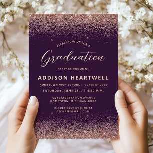Invitation En Aluminium Fête de remise des diplômes Rose Gold Glitter Viol