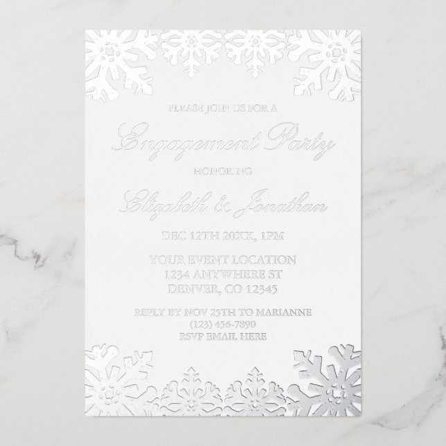 Invitation En Aluminium Fête d'engagement Silver Winter Snowflake (Recto)