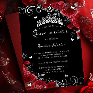 Invitation En Aluminium Fête des 15 ans Tourbillon Floral Rose Rouge Argen