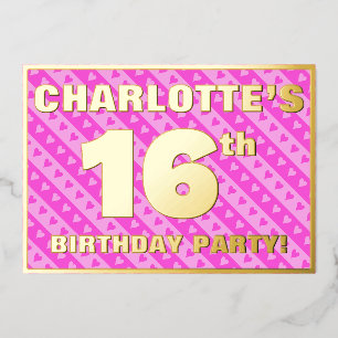 Invitation En Aluminium Fête des 16 ans — Cœurs roses et rayures amusants