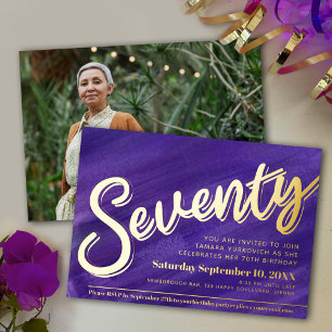 Invitation En Aluminium Fête des 70 ans écriture dorée art violet