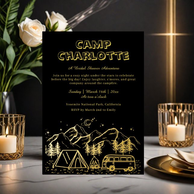 Invitation En Aluminium Fête des mariées de camping Black and Gold (Créateur téléchargé)