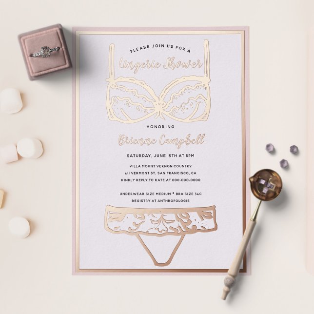 Invitation En Aluminium Fête des mariées de lingerie rose Gold Foil & Blus (Créateur téléchargé)