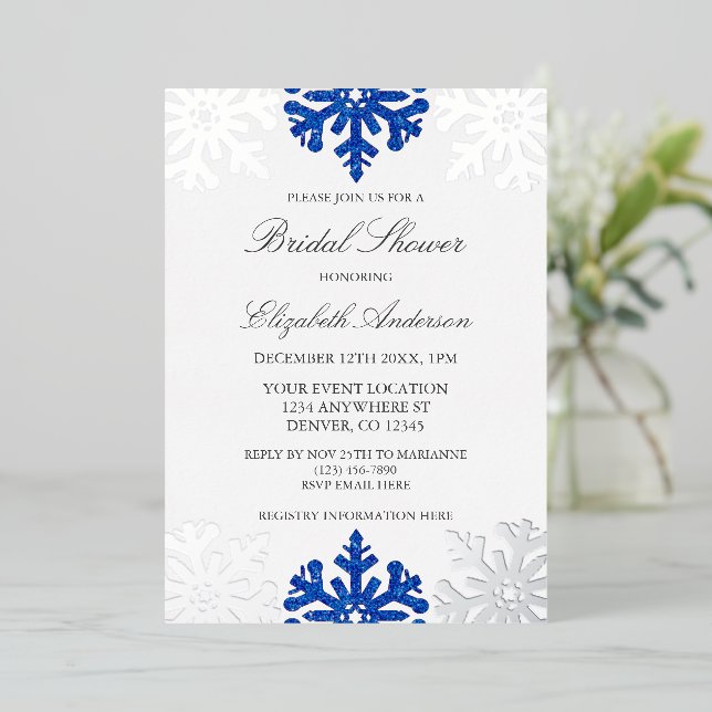 Invitation En Aluminium Fête des mariées d'hiver Silver Blue Snowflake (Debout devant)