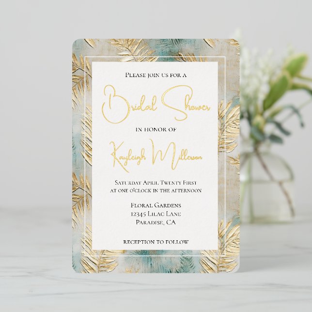 Invitation En Aluminium Fête des mariées Feuille Tropical Aqua Gold (Debout devant)