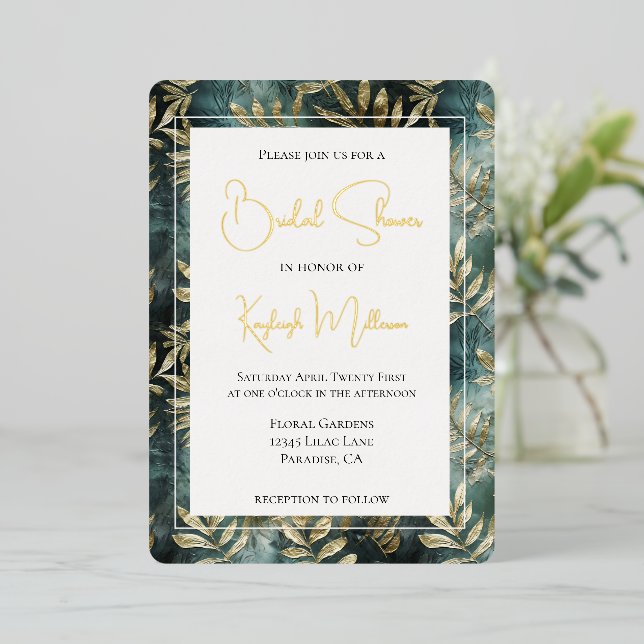 Invitation En Aluminium Fête des mariées Feuille Tropical Gold Forest Gree (Debout devant)