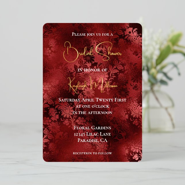 Invitation En Aluminium Fête des mariées florale rouge de Bourgogne (Debout devant)