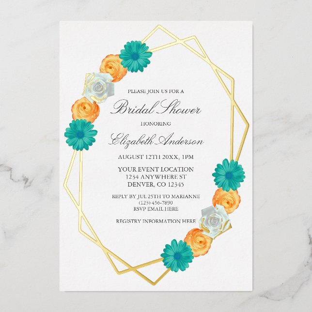 Invitation En Aluminium Fête des mariées géométrique Turquoise orange (Recto)