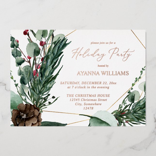 Invitation En Aluminium Fête d'hiver Berries & Pine Green (Recto)