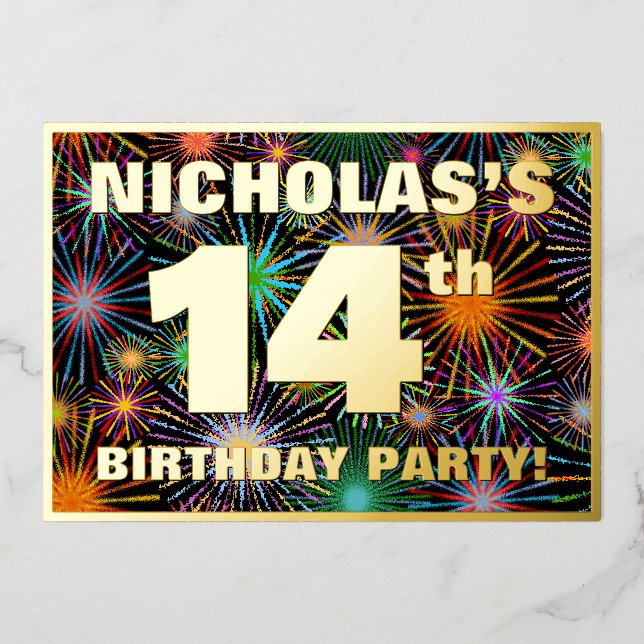 Invitation En Aluminium Fête du 14e anniversaire — Amusant, Feu d'artifice (Recto)