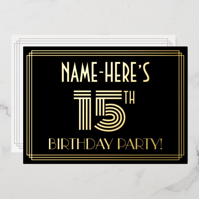 Invitation En Aluminium Fête du 15e anniversaire — Style Art Déco "15" + N (Recto/Verso)