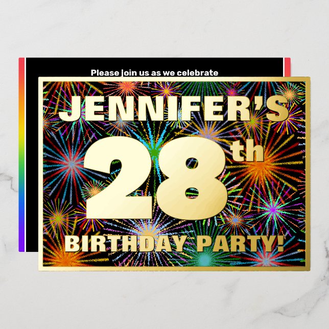 Invitation En Aluminium Fête du 28e anniversaire — Amusant, Feu d'artifice (Recto/Verso)