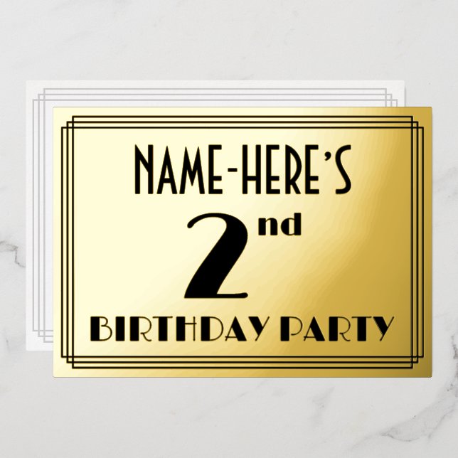 Invitation En Aluminium Fête du 2e anniversaire — Art Déco Look "2" + Nom (Recto/Verso)