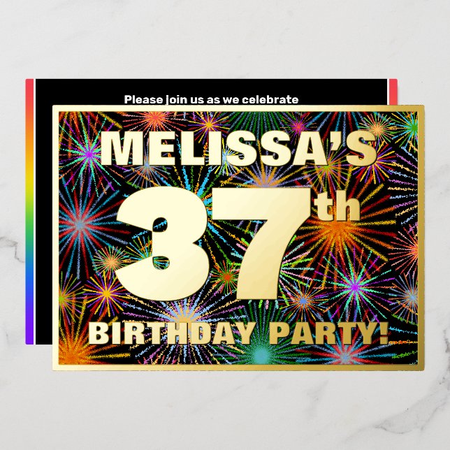 Invitation En Aluminium Fête du 37e anniversaire — Amusant, Feu d'artifice (Recto/Verso)