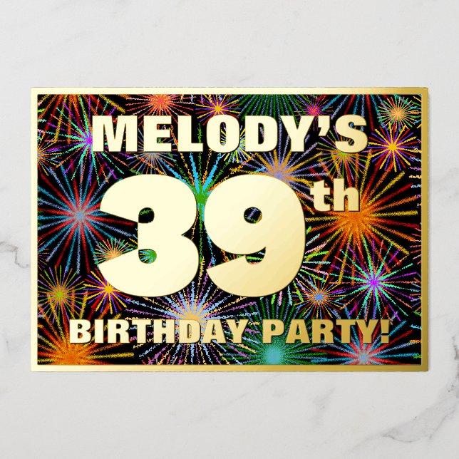 Invitation En Aluminium Fête du 39e anniversaire — Amusant, Feu d'artifice (Recto)