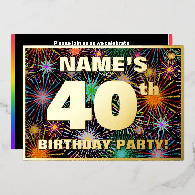 Invitation En Aluminium Fête du 40e anniversaire — Amusant, Feu d'artifice (Recto/Verso)