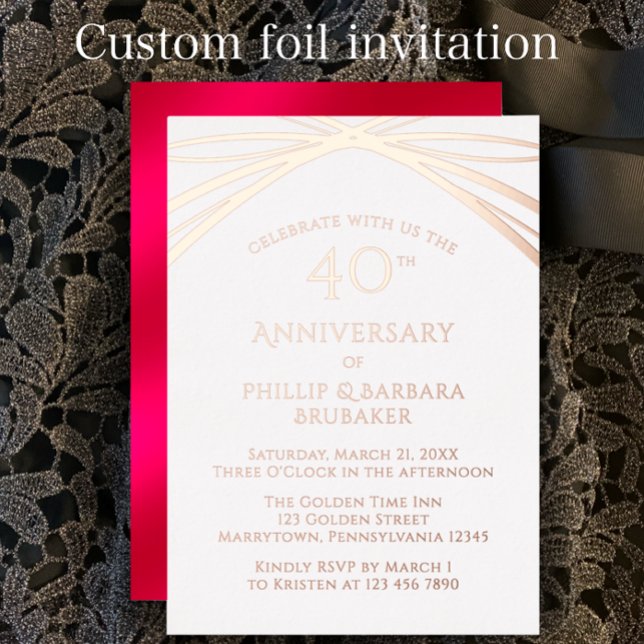 Invitation En Aluminium Fête du 40e anniversaire de l'Arc moderne (Personalize this template for a custom elegant rose foil 40th wedding anniversary party invitations.)