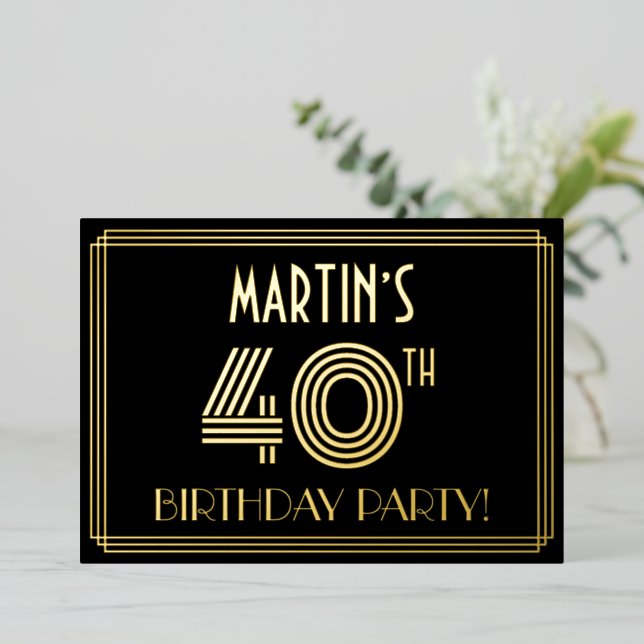 Invitation En Aluminium Fête du 40e anniversaire — Style Art Déco "40" + N (Debout devant)
