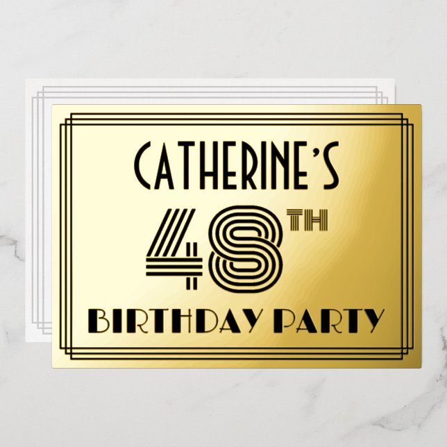 Invitation En Aluminium Fête du 48ème anniversaire — Art Déco Style "48" & (Recto/Verso)