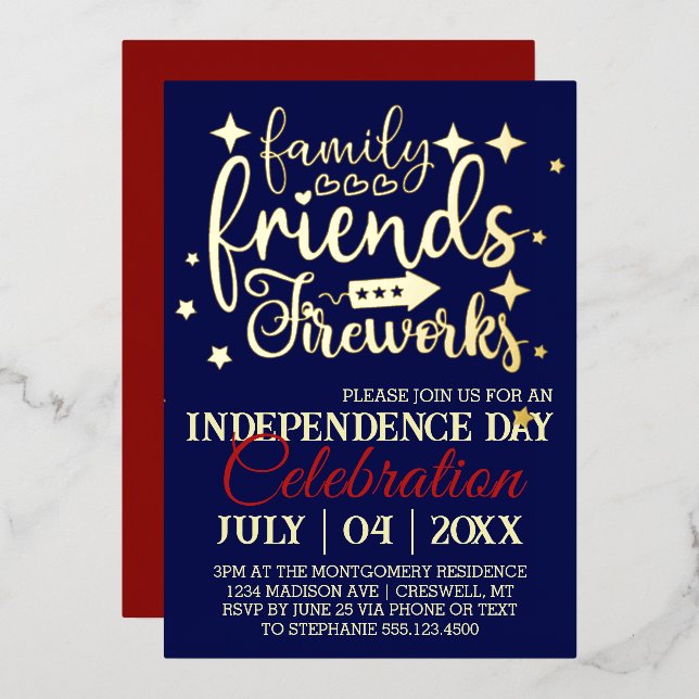 Invitation En Aluminium Fête du 4 juillet Stars (Recto/Verso)