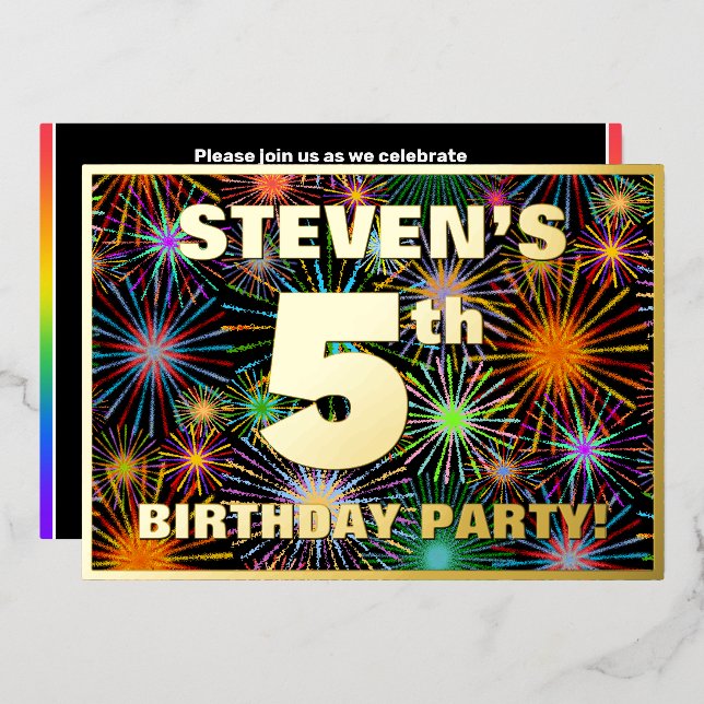 Invitation En Aluminium Fête du 5e anniversaire — Amusant, Feu d'artifice  (Recto/Verso)