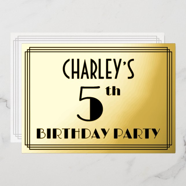 Invitation En Aluminium Fête du 5e anniversaire — Art Déco Look "5" + Nom (Recto/Verso)