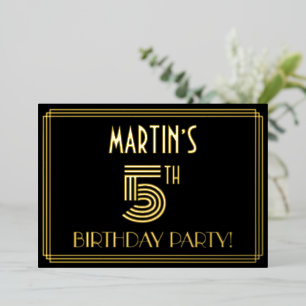 Invitation En Aluminium Fête du 5e anniversaire — Style Art Déco "5" + Nom
