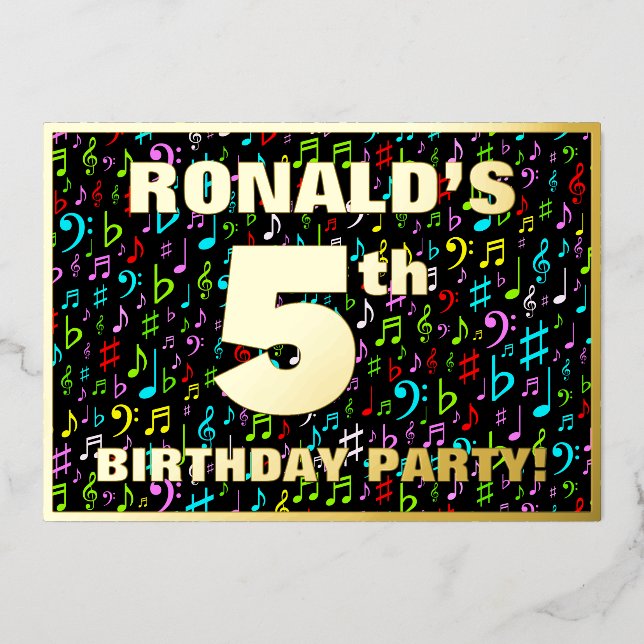 Invitation En Aluminium Fête du 5e anniversaire — Symboles de musique amus (Recto)