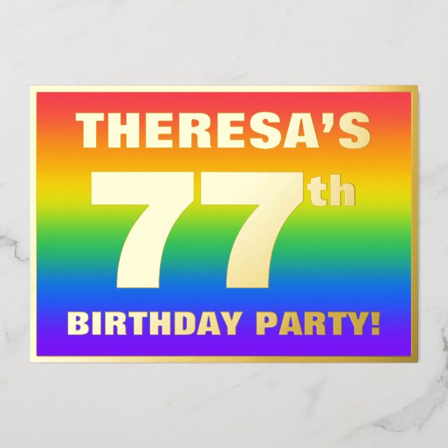 Invitation En Aluminium Fête du 77e anniversaire : Amusant, Motif arc-en-c (Recto)