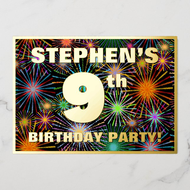 Invitation En Aluminium Fête du 9e anniversaire — Amusant, Feu d'artifice  (Recto)