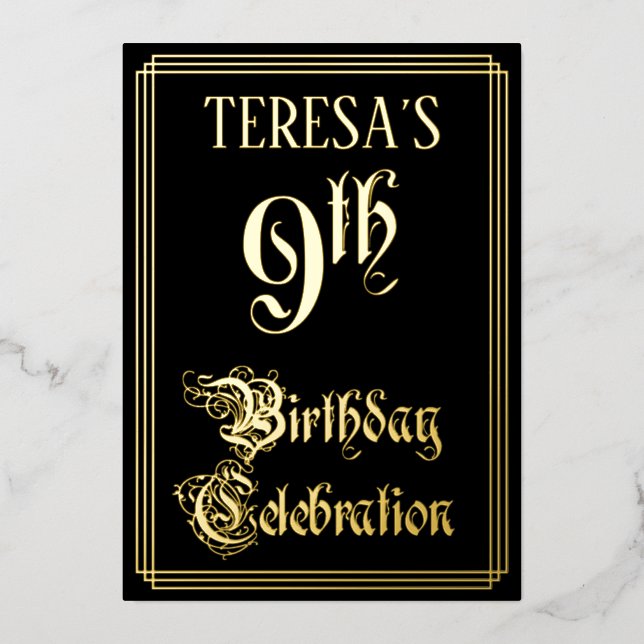 Invitation En Aluminium Fête du 9e anniversaire — Script fantaisie et nom  (Recto)