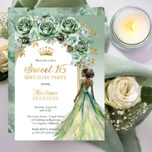 Invitation En Aluminium Fête élégante de Rose verte sage Floral Sweet 16