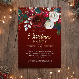 Invitation En Aluminium Fête Étincelante Rouge Or Feuillage Festif Noël 