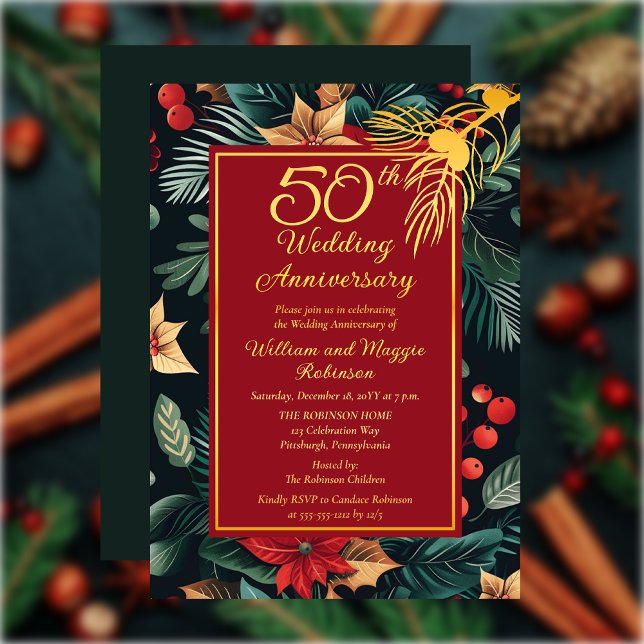 Invitation En Aluminium Fête Fleur de Fête 50e anniversaire Mariage (Dark Floral Winter | Christmas Holiday 50th Wedding Anniversary Party Gold Foil Invitation)