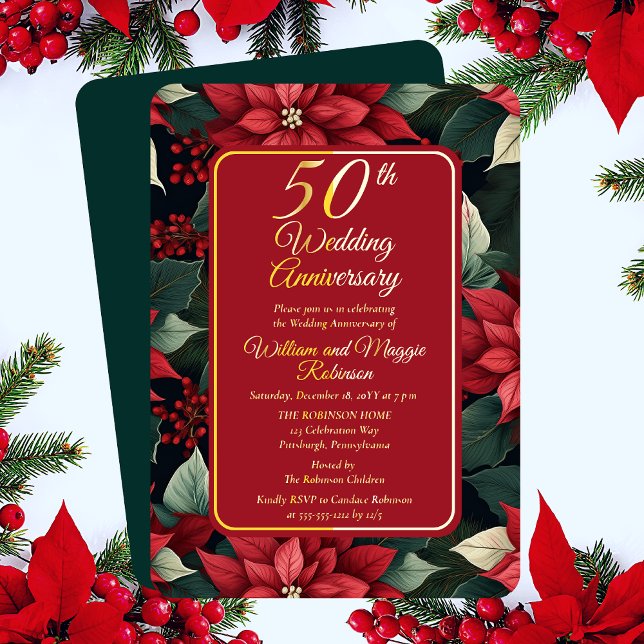 Invitation En Aluminium Fête Fleur de Fête 50e anniversaire Mariage (Elegant Dark and Moody Christmas Poinsettia Holiday Floral 50th Wedding Anniversary Foil Invitation)
