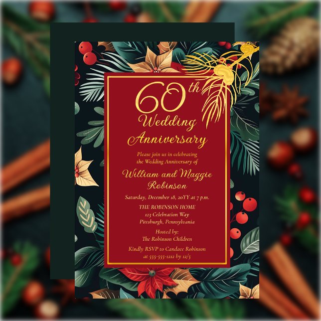 Invitation En Aluminium Fête Fleur de Fête 60e fête Mariage Anniversaire (Dark Floral Winter | Christmas Holiday 60th Wedding Anniversary Party Gold Foil Invitation)