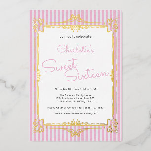 Invitation En Aluminium Fête Glamour Rayée Rose Princesse Douce 16 Ans
