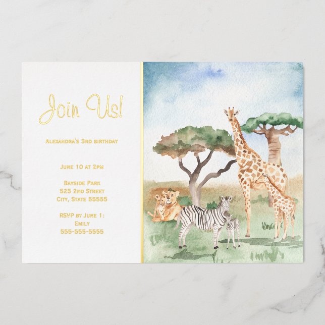 Invitation En Aluminium Fête Maman + Bébé Animaux Africains à l'aquarelle  (Recto)