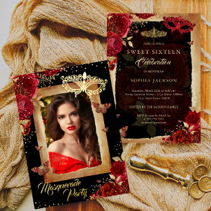 Invitation En Aluminium Fête Masquée Photo Sweet Sixteen Rose Rouge Or