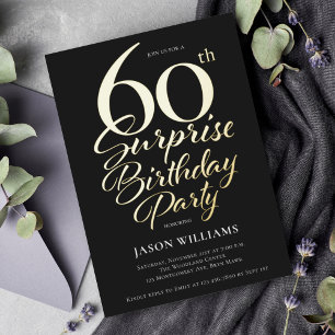 Invitation En Aluminium Fête surprise de 60 ans en noir et or