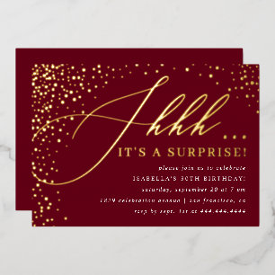 Invitation En Aluminium Fête surprise écriture confettis Or & Bourgogne