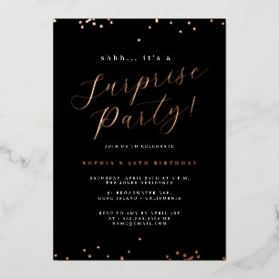 Invitation En Aluminium Fête surprise Rose Gold Black Script Confetti