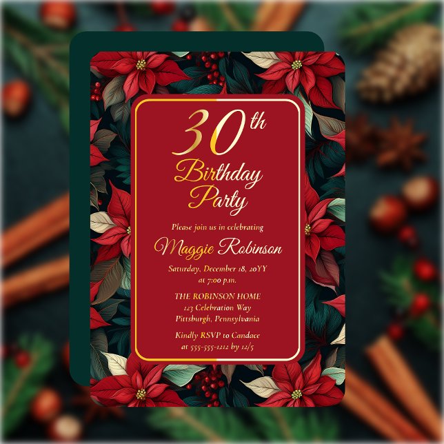 Invitation En Aluminium Fêtes de Noël foncé Floral 30e fête d'anniversaire (Elegant Dark and Moody Poinsettias Christmas and Holiday 30th Birthday Party Gold Foil Invitation)