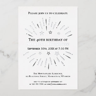 Invitation En Aluminium Feu d'artifice 40e fête d'anniversaire noir blanc 