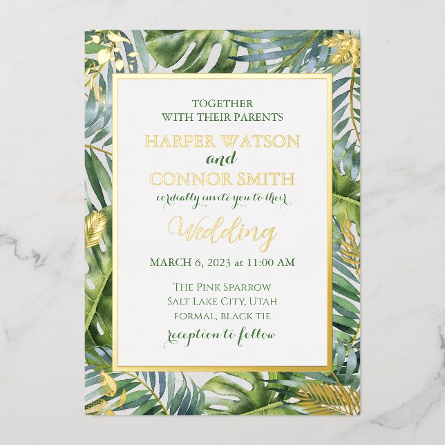 Invitation En Aluminium Feuil or vert feuille simple mariage (Recto)