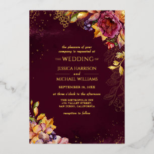 Invitation En Aluminium Feuillage d'automne Colorful Floral Bourgogne Mari