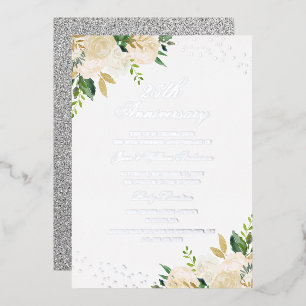 Invitation En Aluminium Feuille d'ARGENT Floral 25e Anniversaire