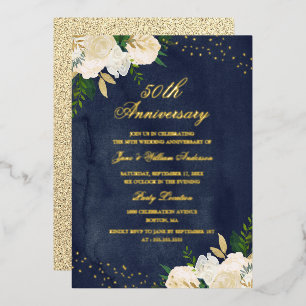 Invitation En Aluminium FEUILLE D'OR Fleurs dorées Navy 50e anniversaire