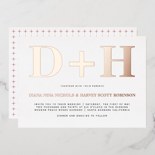 Invitation En Aluminium feuille d'or rose initiales typographie mariage (Recto/Verso)