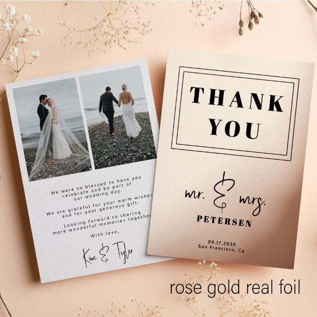 Invitation En Aluminium Feuille d'or rose moderne 2 photos mariage merci (Créateur téléchargé)